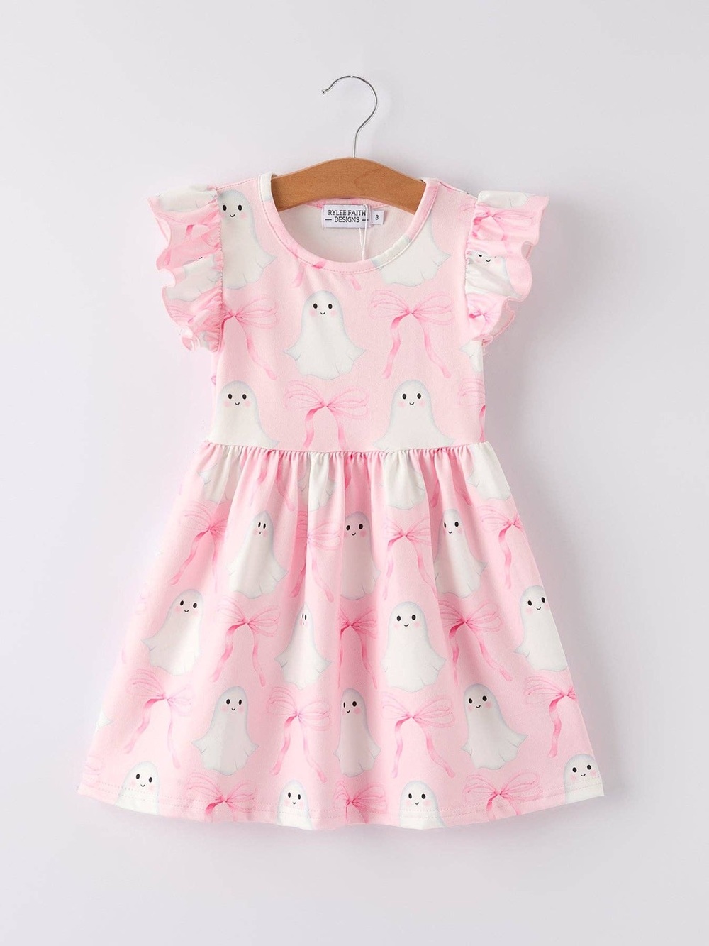 Rylee Faith Designs Pink Ghost Bows Print Ruffle-Sleeve Girls' Dress 3 4 5 6 7 8